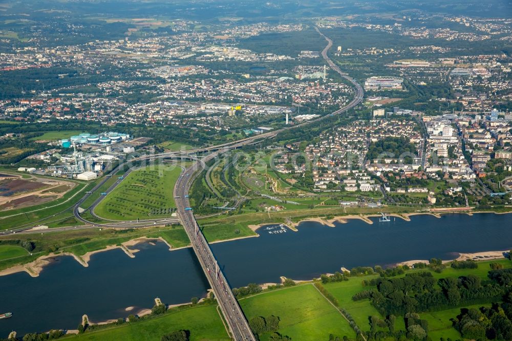 Leverkusen from above - Routing and traffic lanes over the highway bridge over the river Rhine in the motorway A1 in Leverkusen in the state of North Rhine-Westphalia