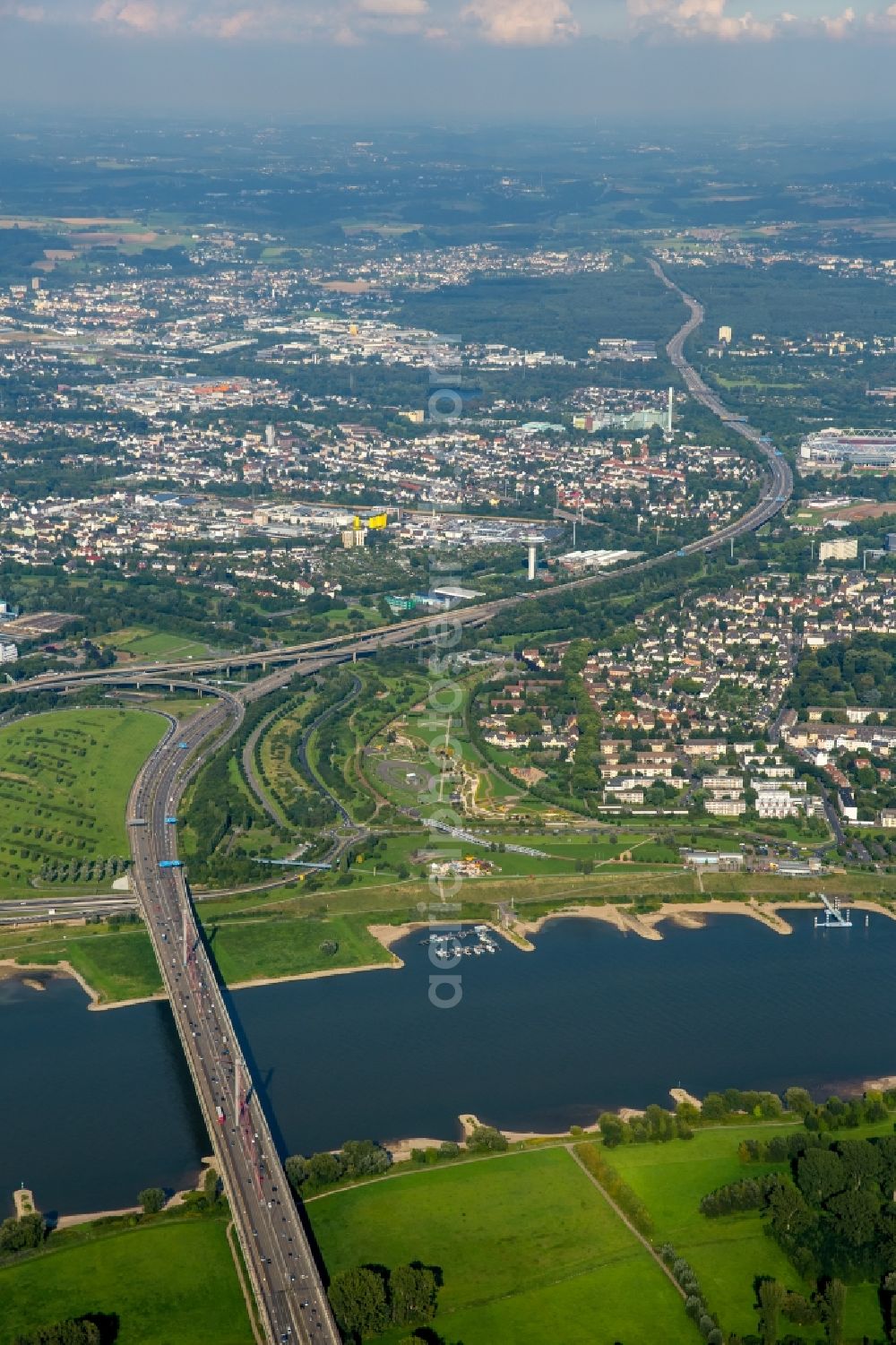 Leverkusen from the bird's eye view: Routing and traffic lanes over the highway bridge over the river Rhine in the motorway A1 in Leverkusen in the state of North Rhine-Westphalia