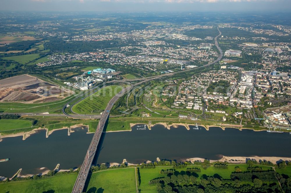 Aerial image Leverkusen - Routing and traffic lanes over the highway bridge over the river Rhine in the motorway A1 in Leverkusen in the state of North Rhine-Westphalia