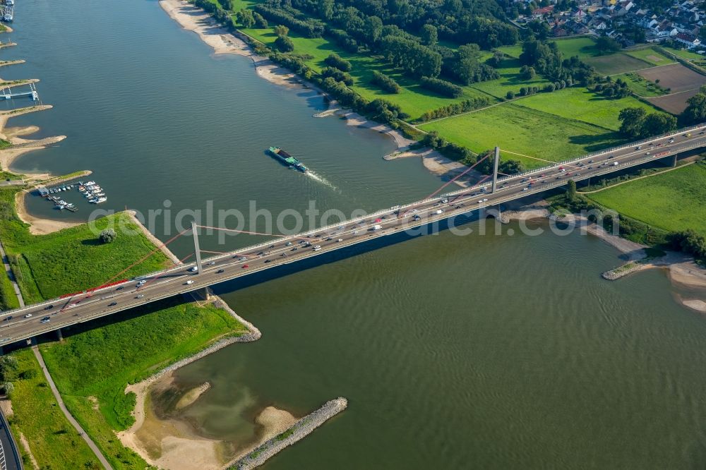 Leverkusen from above - Routing and traffic lanes over the highway bridge over the river Rhine in the motorway A1 in Leverkusen in the state of North Rhine-Westphalia