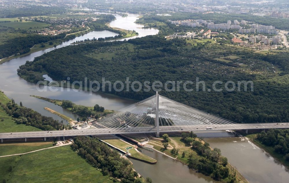 Wroclaw Breslau from above - Routing and traffic lanes over the highway bridge in the motorway A 8 on the banks of Oder in Wroclaw Breslau in Lower Silesia, Poland