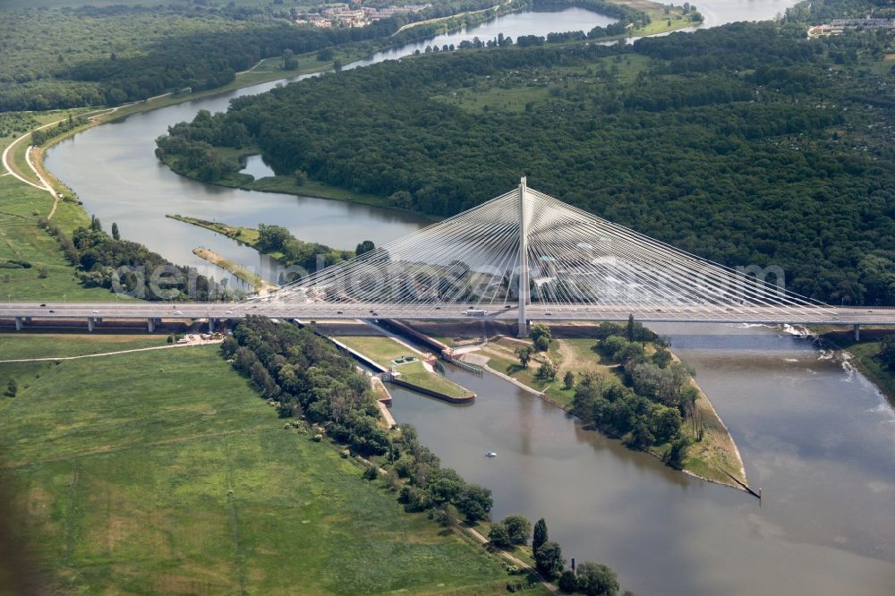 Aerial image Wroclaw Breslau - Routing and traffic lanes over the highway bridge in the motorway A 8 on the banks of Oder in Wroclaw Breslau in Lower Silesia, Poland