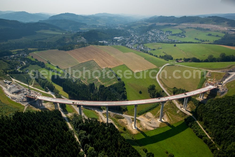 Aerial image Bestwig - Routing and traffic lanes over the new building of the highway bridge in the motorway A46 in Bestwig in the state North Rhine-Westphalia