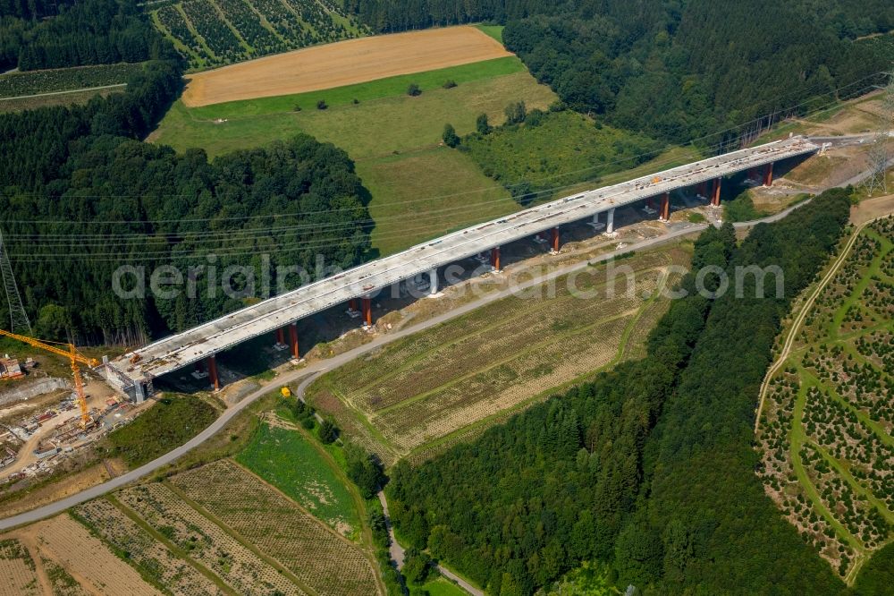 Bestwig from above - Routing and traffic lanes over the new building of the highway bridge in the motorway A46 in Bestwig in the state North Rhine-Westphalia