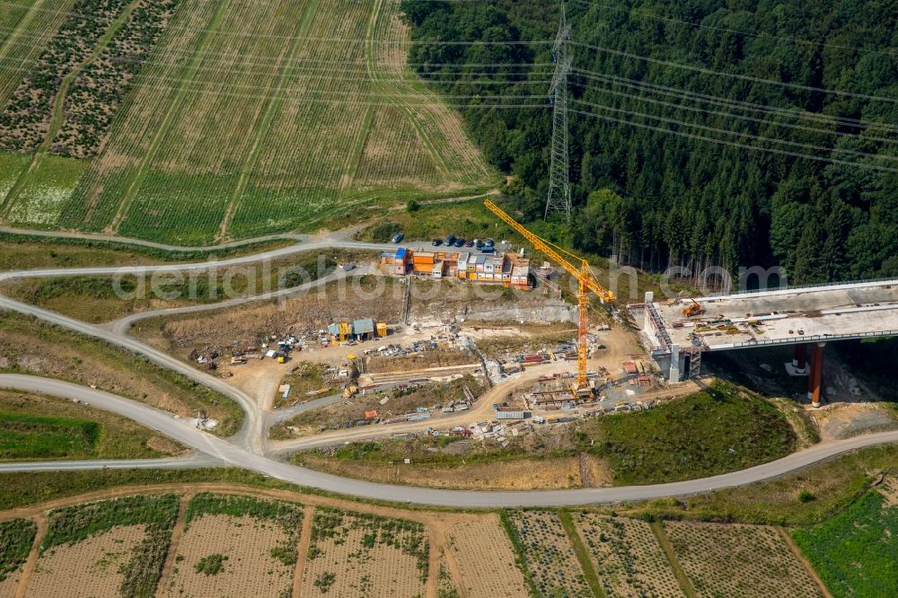 Bestwig from above - Routing and traffic lanes over the new building of the highway bridge in the motorway A46 in Bestwig in the state North Rhine-Westphalia