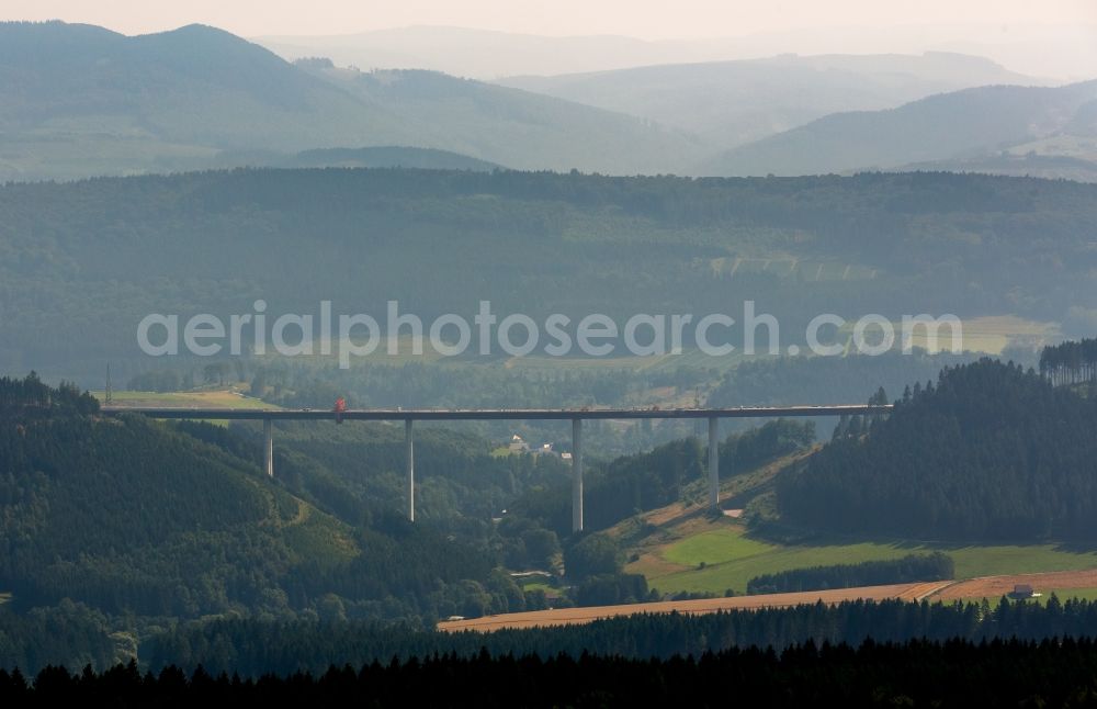 Warstein from above - Routing and traffic lanes over the new building of the highway bridge in the motorway A46 in Bestwig in the state North Rhine-Westphalia