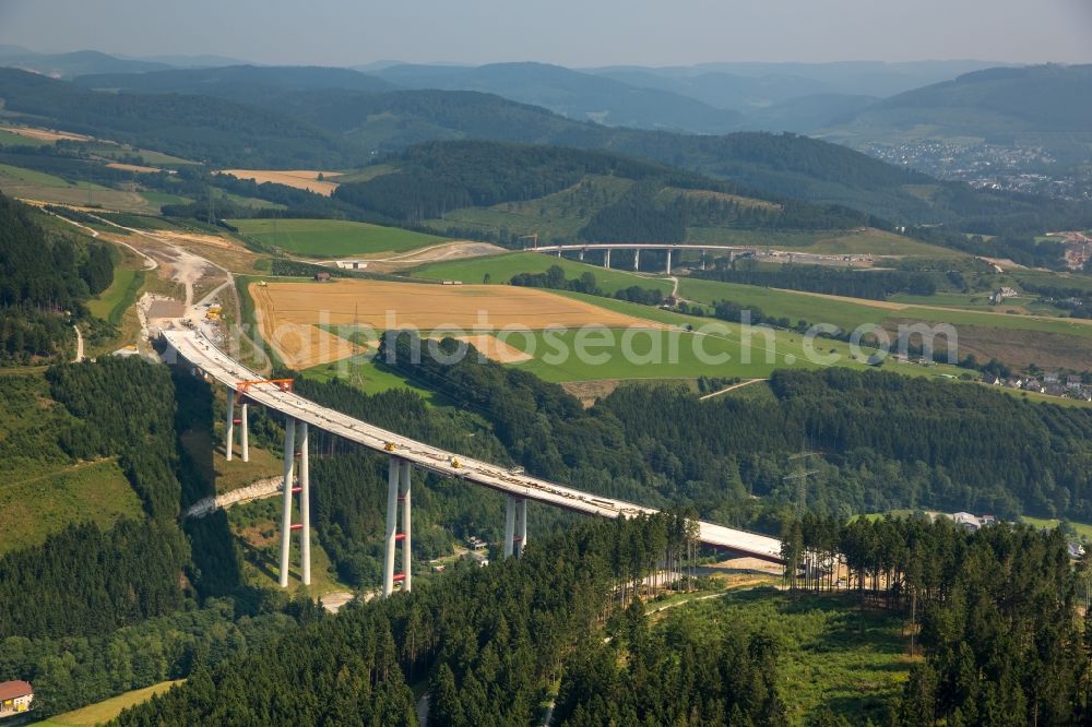 Aerial image Warstein - Routing and traffic lanes over the new building of the highway bridge in the motorway A46 in Bestwig in the state North Rhine-Westphalia