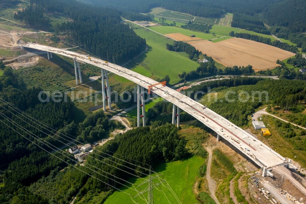 Warstein from above - Routing and traffic lanes over the new building of the highway bridge in the motorway A46 in Bestwig in the state North Rhine-Westphalia