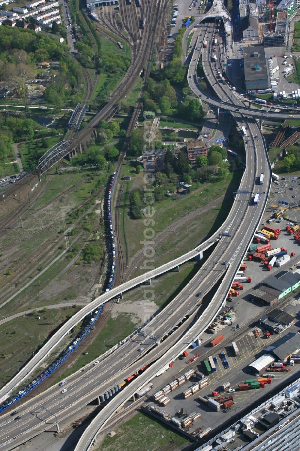 Basel from the bird's eye view: Routing and traffic lanes over the highway bridge in the motorway A2 close to the junction of the A3 to France in Basel, Switzerland