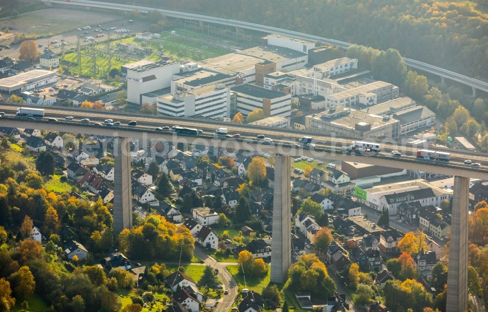 Siegen from above - Routing and traffic lanes over the highway bridge in the motorway A45 Siegtalbruecke in Siegen in the state North Rhine-Westphalia