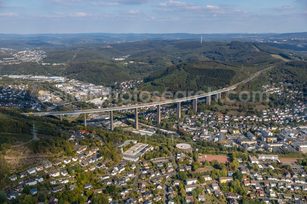 Aerial image Siegen - Routing and traffic lanes over the highway bridge in the motorway A45 Siegtalbruecke in Siegen in the state North Rhine-Westphalia