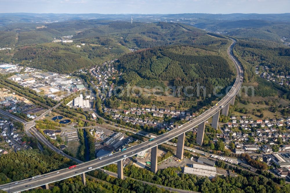 Siegen from above - Routing and traffic lanes over the highway bridge in the motorway A45 Siegtalbruecke in Siegen in the state North Rhine-Westphalia