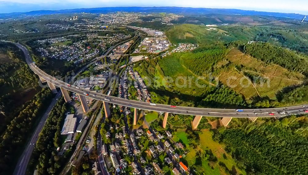 Aerial image Siegen - Routing and traffic lanes over the highway bridge in the motorway A45 Siegtalbruecke in the district of Dreisbach in Siegen on Siegerland in the state North Rhine-Westphalia