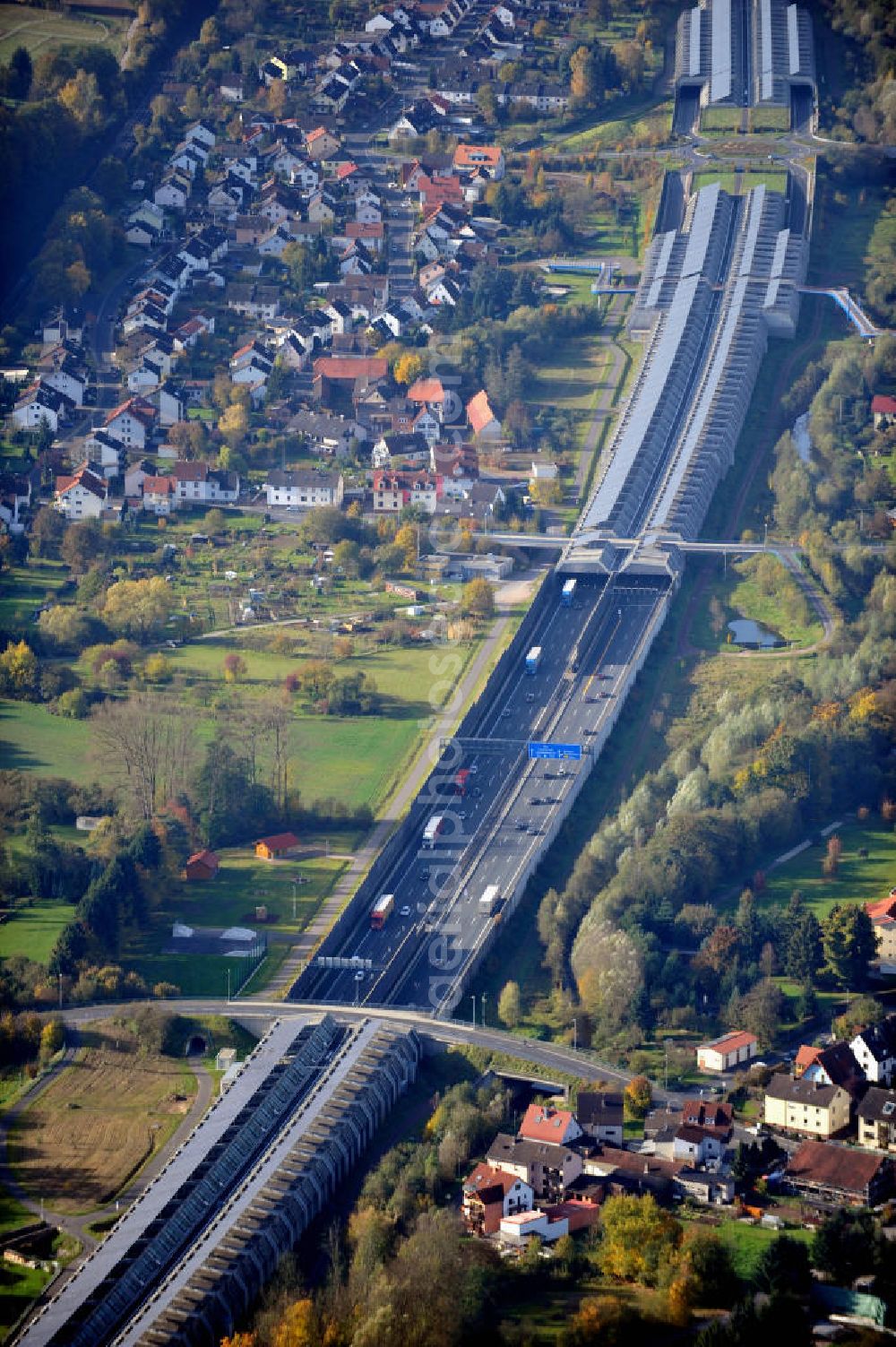 Aerial image Goldbach - Die längste Photovoltaikanlage / Solaranlage der Welt befindet sich auf dem Dach der Autobahn-Einhausung der A 3 bei Aschaffenburg in Baden-Württemberg. Betreiber ist das Elektrizitätswerk Goldbach Hösbach. The world longest photovoltaic power plant / solar power system of the freeway E 41 is on the roof of the Motorway-enclosure near Aschaffenburg in Baden-Wuerttemberg.