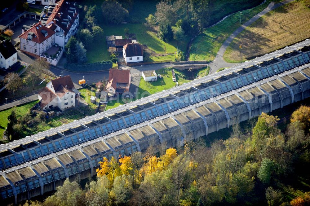 Aerial photograph Goldbach - Die längste Photovoltaikanlage / Solaranlage der Welt befindet sich auf dem Dach der Autobahn-Einhausung der A 3 bei Aschaffenburg in Baden-Württemberg. Betreiber ist das Elektrizitätswerk Goldbach Hösbach. The world longest photovoltaic power plant / solar power system of the freeway E 41 is on the roof of the Motorway-enclosure near Aschaffenburg in Baden-Wuerttemberg.