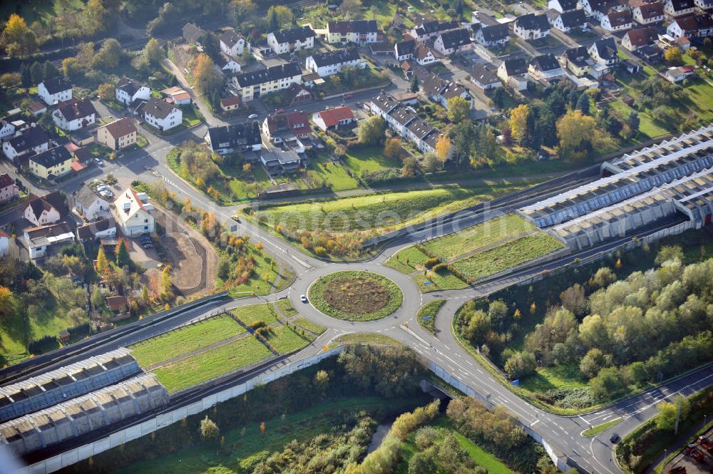 Aerial photograph Goldbach - Die längste Photovoltaikanlage / Solaranlage der Welt befindet sich auf dem Dach der Autobahn-Einhausung der A 3 bei Aschaffenburg in Baden-Württemberg. Betreiber ist das Elektrizitätswerk Goldbach Hösbach. The world longest photovoltaic power plant / solar power system of the freeway E 41 is on the roof of the Motorway-enclosure near Aschaffenburg in Baden-Wuerttemberg.