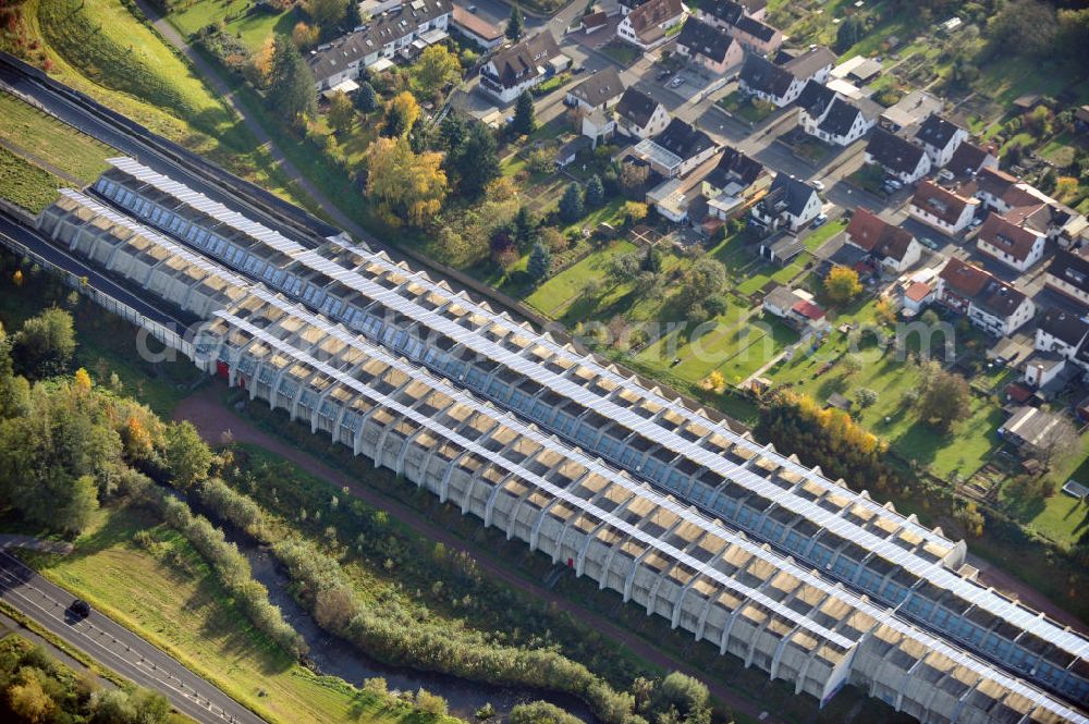 Goldbach from above - Die längste Photovoltaikanlage / Solaranlage der Welt befindet sich auf dem Dach der Autobahn-Einhausung der A 3 bei Aschaffenburg in Baden-Württemberg. Betreiber ist das Elektrizitätswerk Goldbach Hösbach. The world longest photovoltaic power plant / solar power system of the freeway E 41 is on the roof of the Motorway-enclosure near Aschaffenburg in Baden-Wuerttemberg.