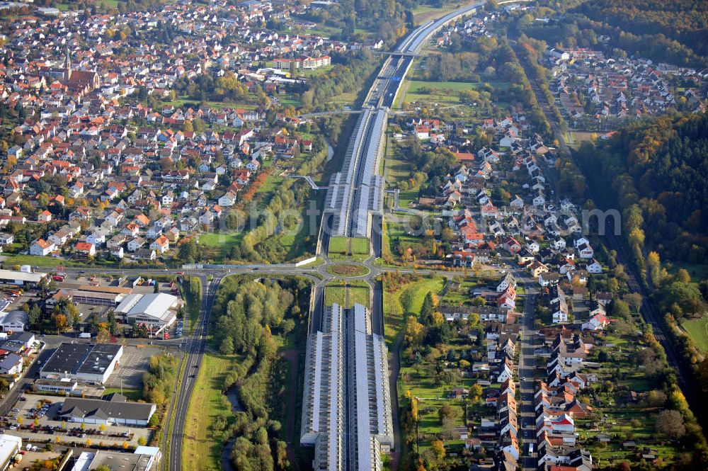 Goldbach from above - Die längste Photovoltaikanlage / Solaranlage der Welt befindet sich auf dem Dach der Autobahn-Einhausung der A 3 bei Aschaffenburg in Baden-Württemberg. Betreiber ist das Elektrizitätswerk Goldbach Hösbach. The world longest photovoltaic power plant / solar power system of the freeway E 41 is on the roof of the Motorway-enclosure near Aschaffenburg in Baden-Wuerttemberg.