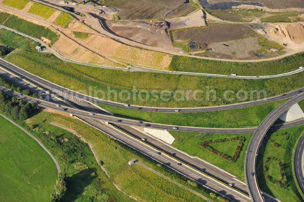 Leverkusen from above - Route of the freeway resp. motorway A59 in Leverkusen NRW