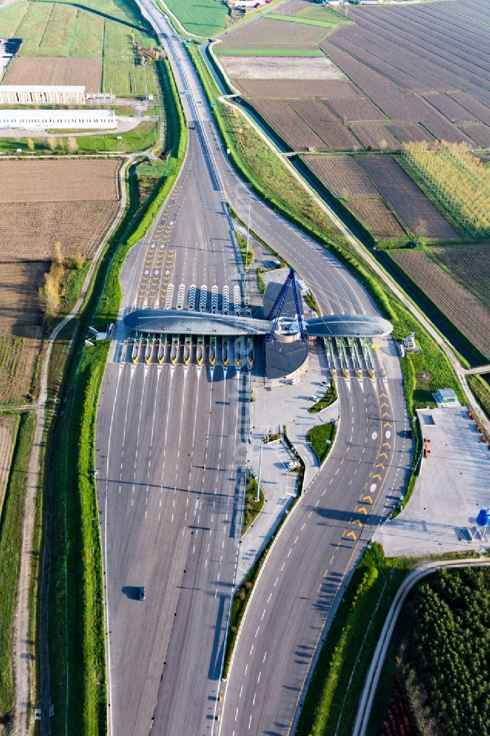 Ronchis from above - Highway toll station and paying agent of the A 4 (Punto Blu) in Ronchis in Friuli-Venezia Giulia, Italy