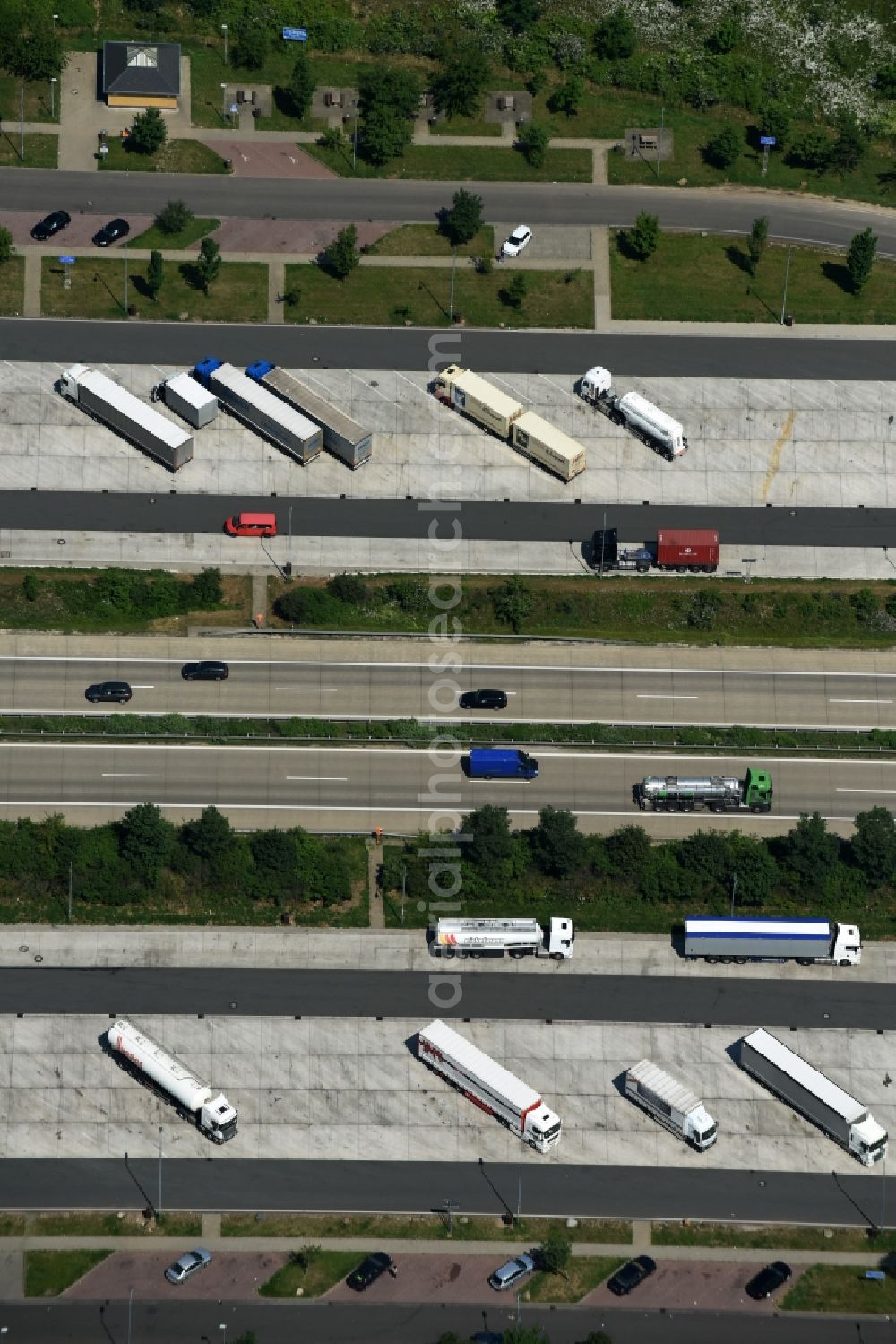 Bördeland from above - Routing and traffic lanes during the motorway parking lot of the BAB A 14 in Boerdeland in the state Saxony-Anhalt