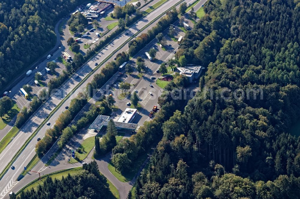 Icking from above - Motorway service area on the edge of the course of BAB highway BAB 95 in Icking in the state Bavaria, Germany