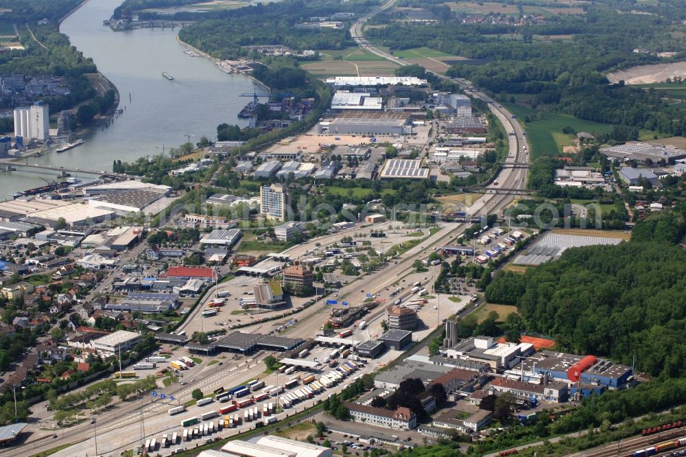 Weil am Rhein from above - Highway border crossing and customs with truck stop at the BAB A5 in Weil am Rhein in the state of Baden-Wuerttemberg on the border with Switzerland near Basel