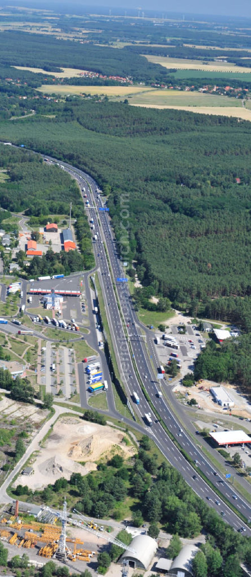 Michendorf from above - Michendorf 06/27/2011 View the highway rest stop with Michendorf filling station and truck parking on the motorway BAB A 10