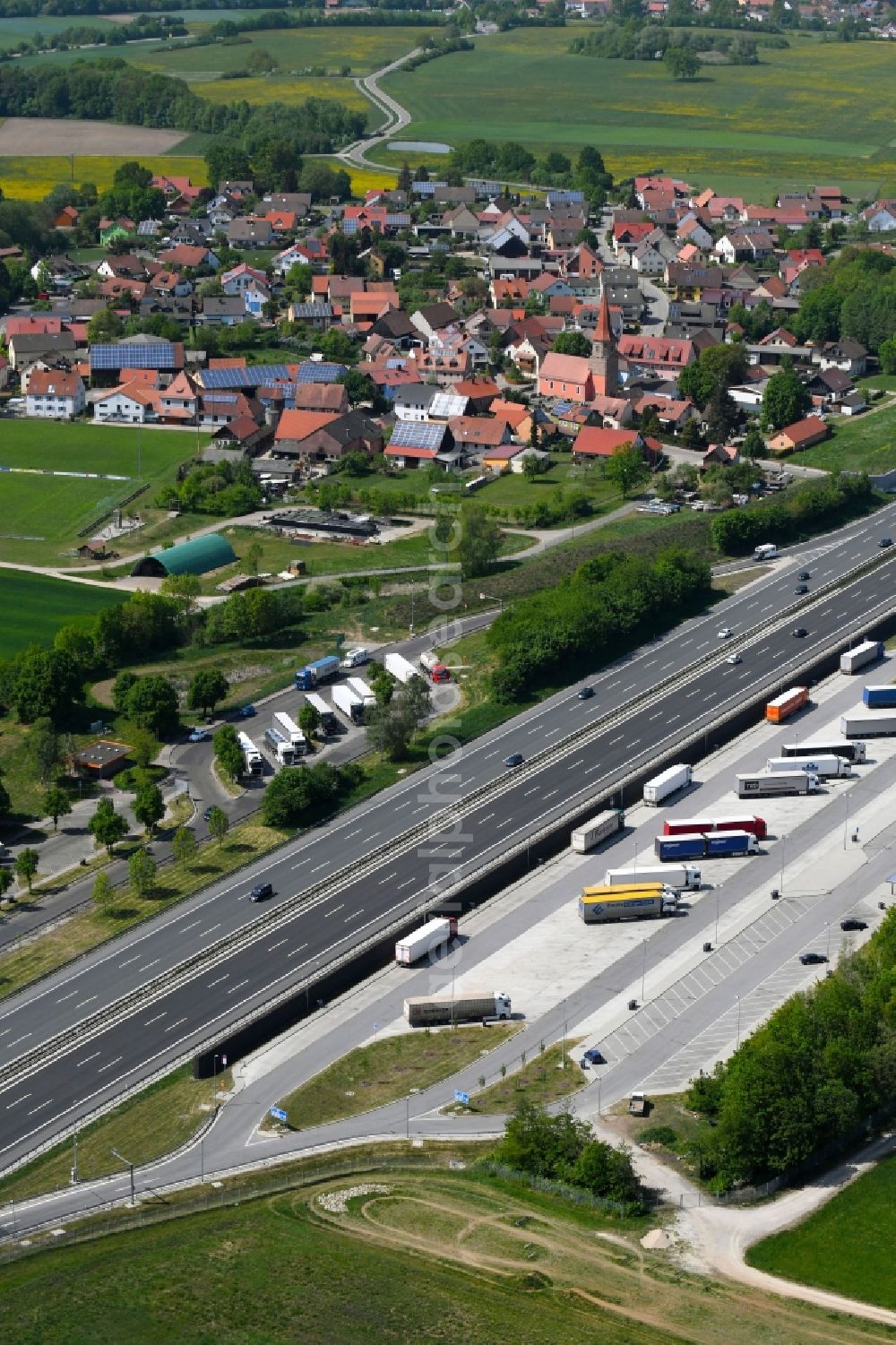 Allersberg from above - Routing and traffic lanes during the motorway service station and parking lot of the BAB A 9 in Allersberg in the state Bavaria, Germany