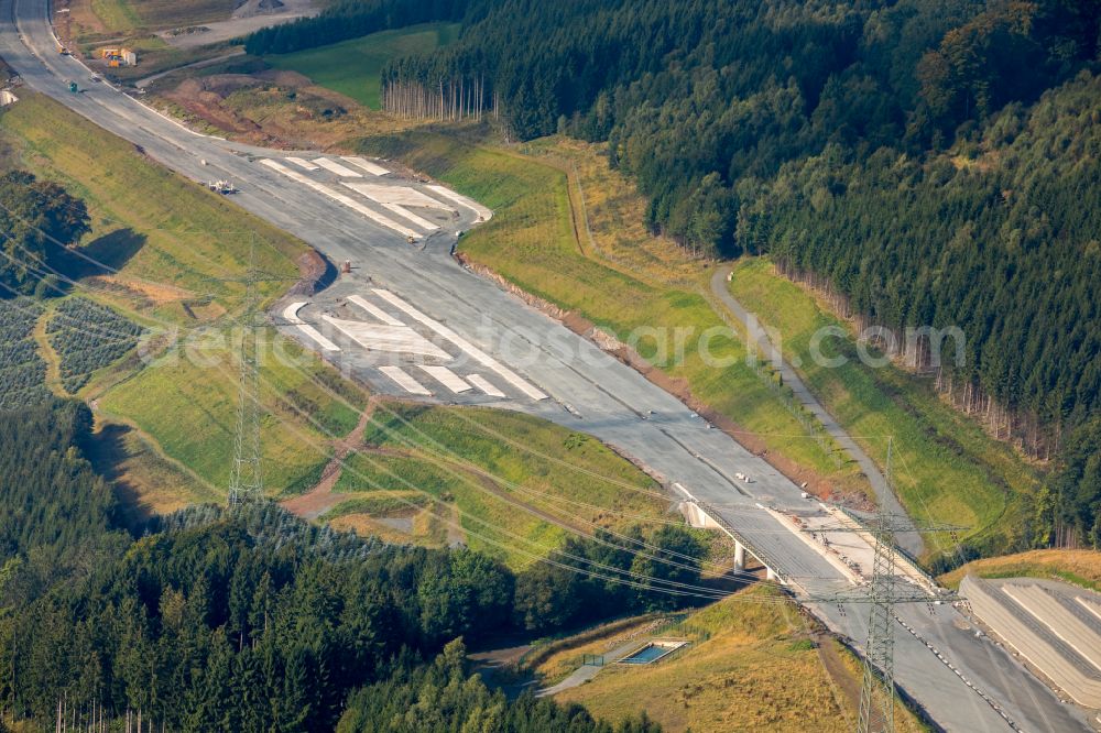 Aerial image Bestwig - Motorway service area and car park along the route and lanes in the course of the federal higway - motorway BAB A46 in Bestwig in the state North Rhine-Westphalia, Germany