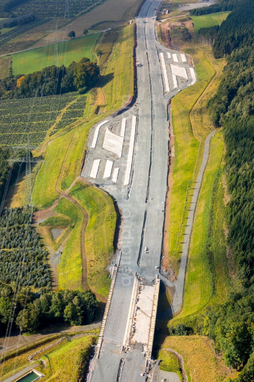 Bestwig from above - Motorway service area and car park along the route and lanes in the course of the federal higway - motorway BAB A46 in Bestwig in the state North Rhine-Westphalia, Germany