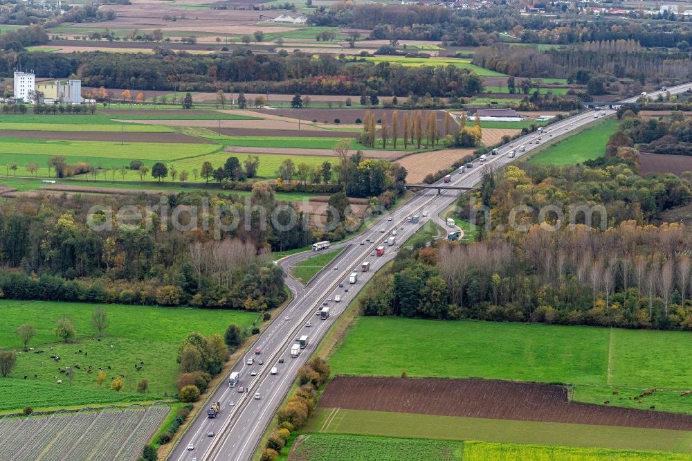 Aerial image Hohberg - Routing and traffic lanes during the motorway service station and parking lot of the BAB A 5 in Hohberg in the state Baden-Wurttemberg, Germany