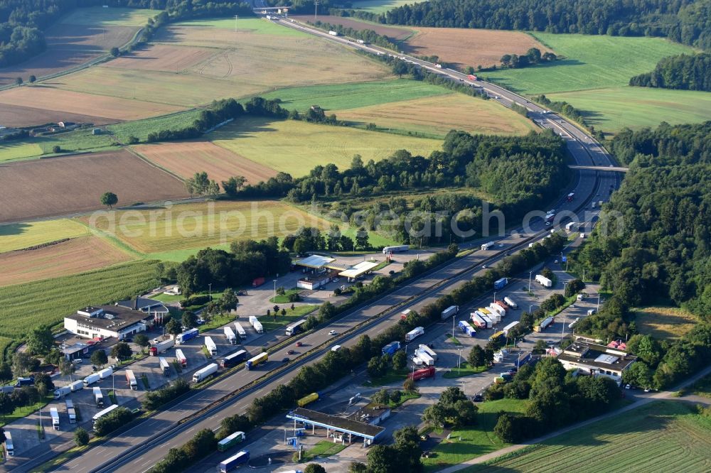 Knüllwald from above - Routing and traffic lanes during the motorway service station and parking lot of the BAB A7 in Knuellwald in the state Hesse, Germany