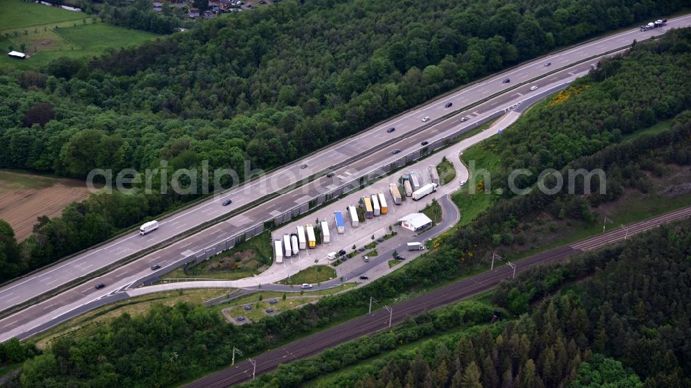 Neustadt (Wied) from above - Lorries - parking spaces at the highway rest stop and parking of the BAB A 3 in Neustadt (Wied) in the state Rhineland-Palatinate, Germany