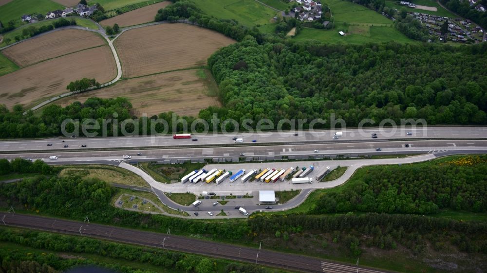 Aerial image Neustadt (Wied) - Lorries - parking spaces at the highway rest stop and parking of the BAB A 3 in Neustadt (Wied) in the state Rhineland-Palatinate, Germany