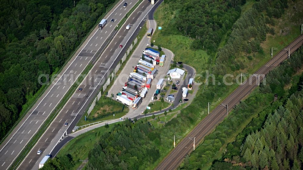 Aerial photograph Neustadt (Wied) - Lorries - parking spaces at the highway rest stop and parking of the BAB A 3 in Neustadt (Wied) in the state Rhineland-Palatinate, Germany