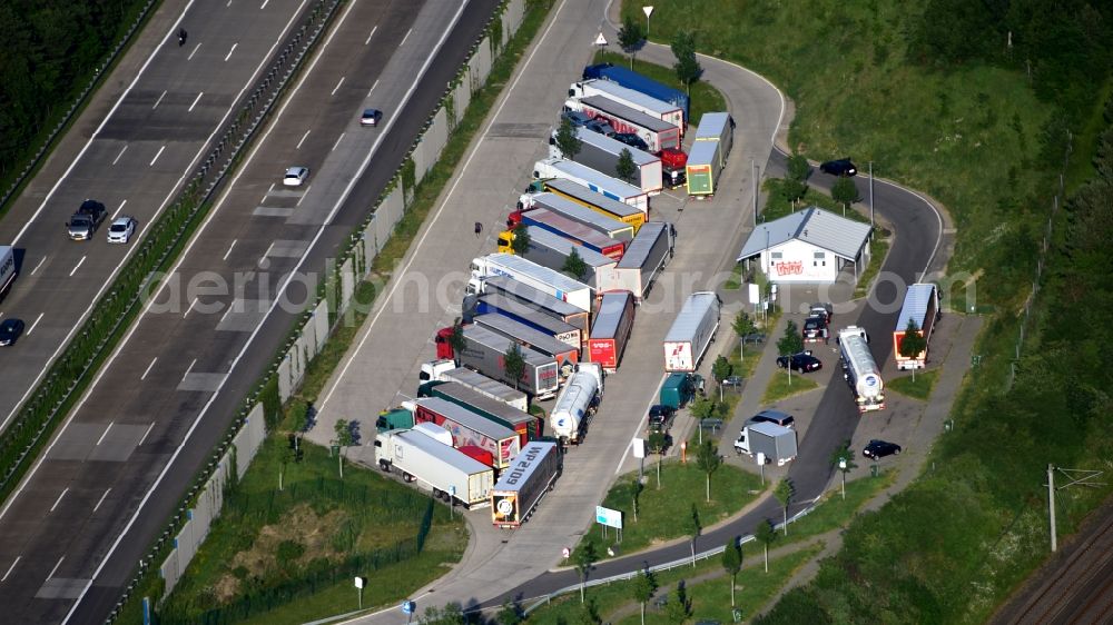 Neustadt (Wied) from above - Lorries - parking spaces at the highway rest stop and parking of the BAB A 3 in Neustadt (Wied) in the state Rhineland-Palatinate, Germany