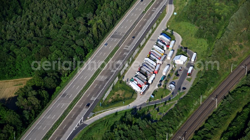 Aerial image Neustadt (Wied) - Lorries - parking spaces at the highway rest stop and parking of the BAB A 3 in Neustadt (Wied) in the state Rhineland-Palatinate, Germany