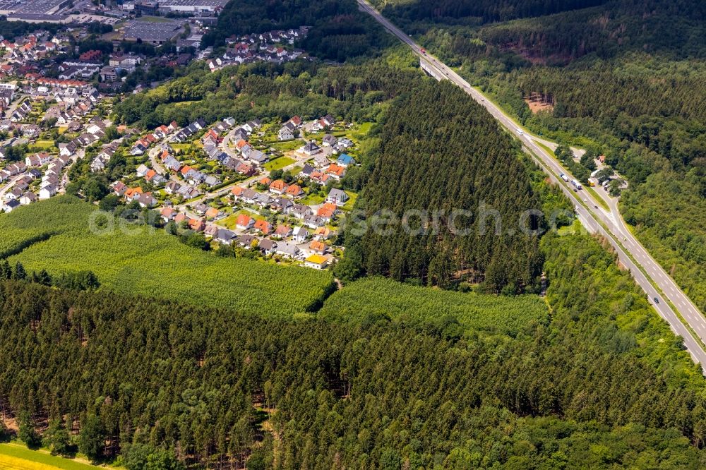 Aerial image Arnsberg - Routing and traffic lanes during the motorway service station and parking lot of the BAB A 46 in the district Bruchhausen in Arnsberg in the state North Rhine-Westphalia, Germany