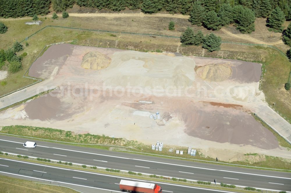 Aerial image Spreenhagen - Routing and traffic lanes during the motorway service station and parking lot of the BAB A 12 E30 in Spreenhagen in the state Brandenburg