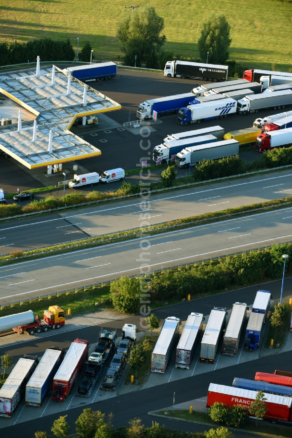 Ziesar from above - Routing and traffic lanes during the motorway service station and parking lot of the BAB A2 in Ziesar in the state Brandenburg, Germany