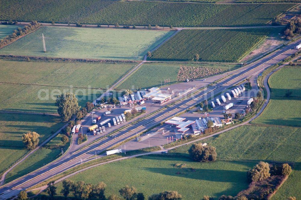 Edesheim from above - Motorway service area erways Pfaelzer Weinstrasse on the edge of the course of BAB 65 highway in Edesheim in the state Rhineland-Palatinate