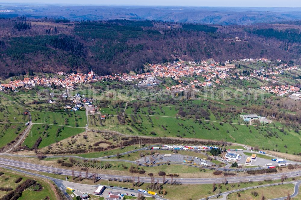 Aerial image Eckartswiller - Motorway service area on the edge of the course of A4 highway Aire de Service AVIA de Saverne-Eckartswiller in Eckartswiller in Grand Est, France