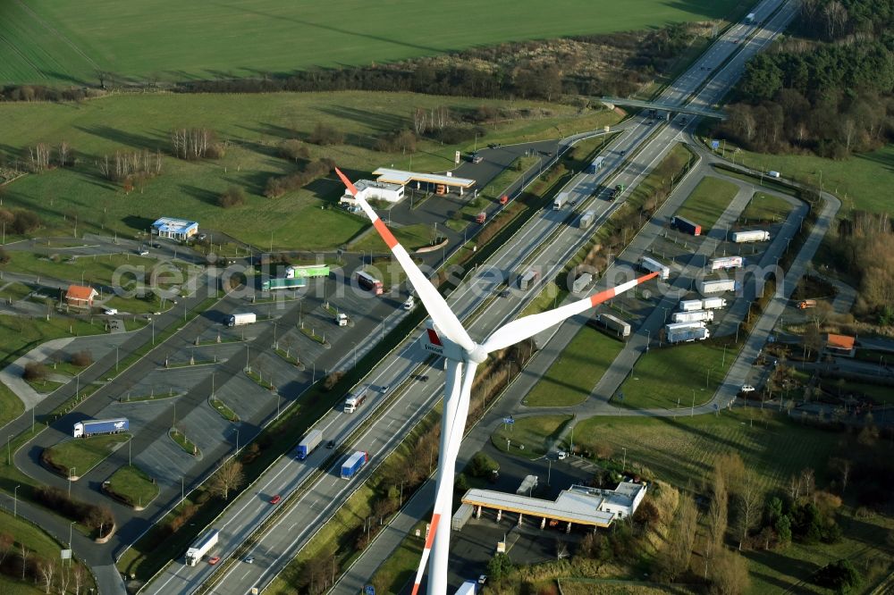 Aerial image Jacobsdorf - Motorway service area on the edge of the course of BAB highway A12 Biegener-Hellen- Nord und Sued in Jacobsdorf in the state Brandenburg