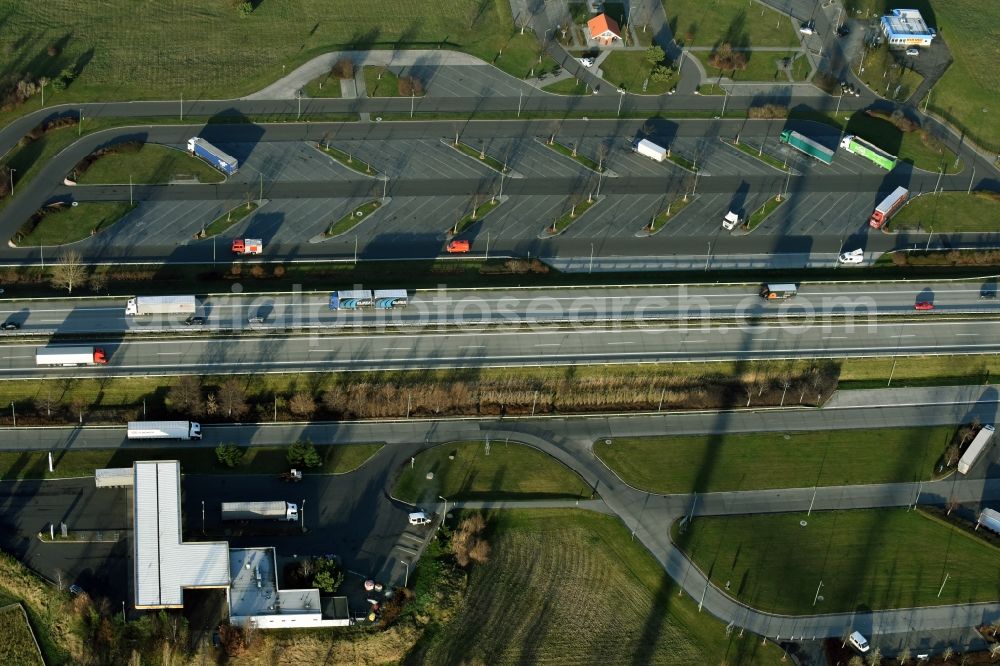 Jacobsdorf from above - Motorway service area on the edge of the course of BAB highway A12 Biegener-Hellen- Nord und Sued in Jacobsdorf in the state Brandenburg