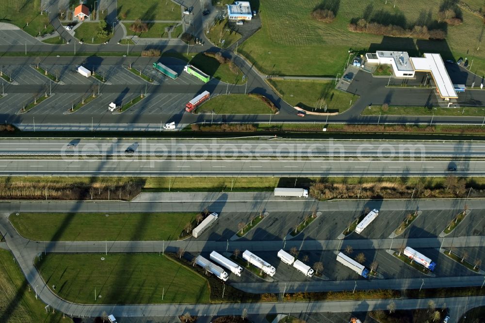 Jacobsdorf from the bird's eye view: Motorway service area on the edge of the course of BAB highway A12 Biegener-Hellen- Nord und Sued in Jacobsdorf in the state Brandenburg