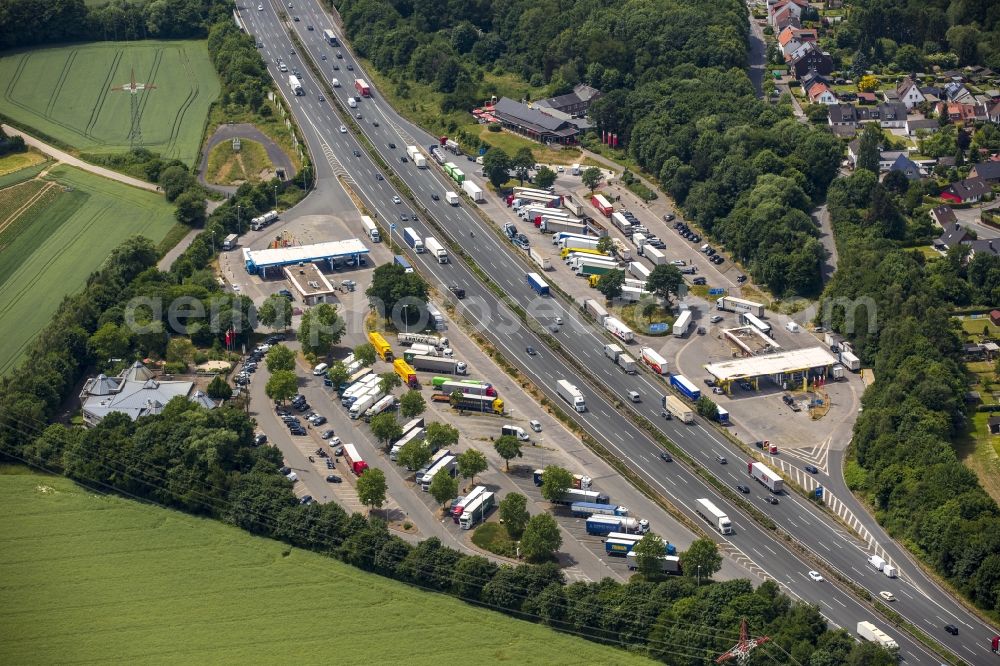 Holzwickede from the bird's eye view: Motorway service area on the edge of the course of BAB highway A1 - E37 in Holzwickede in the state North Rhine-Westphalia