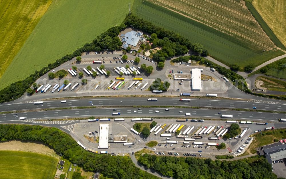 Holzwickede from above - Motorway service area on the edge of the course of BAB highway A1 - E37 in Holzwickede in the state North Rhine-Westphalia