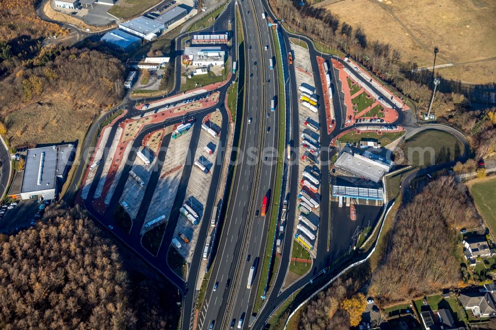 Lüdenscheid from above - Motorway service area on the edge of the course of BAB highway 45 in Luedenscheid in the state North Rhine-Westphalia, Germany