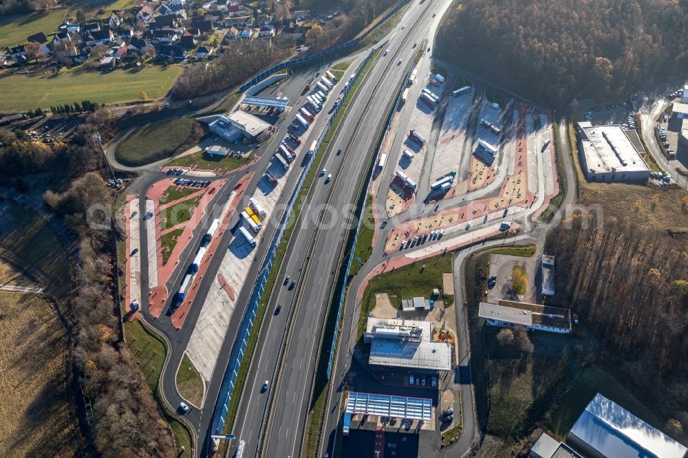 Lüdenscheid from above - Motorway service area on the edge of the course of BAB highway 45 in Luedenscheid in the state North Rhine-Westphalia, Germany